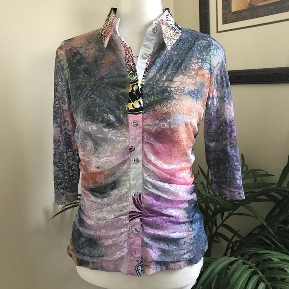 Lisa Lace Mesh Satin Sublimation Shirt Top S - Picture 1 of 7